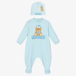 Moschino Малыши-Голубой комбинезон и шапочка с медвежонком | Childrensalon Outlet