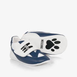 موسكينو-خطوات أولى للأولاد من الجلد الأزرق والأبيض | Childrensalon Outlet