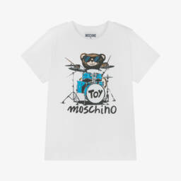 Moschino-Кремовая футболка с медведем и барабаном из хлопка для мальчиков | Childrensalon Outlet