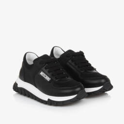 Moschino-Boys Lace-Up Black Leather Trainers | Childrensalon Outlet