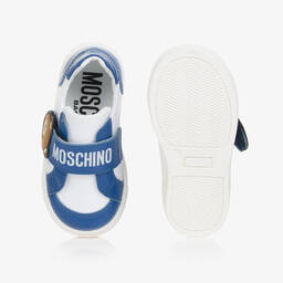 Moschino Kid-Teen-Boys White & Blue Leather Bear Trainers | Childrensalon Outlet