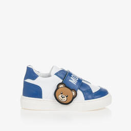 Moschino Kid-Teen-Boys White & Blue Leather Bear Trainers | Childrensalon Outlet
