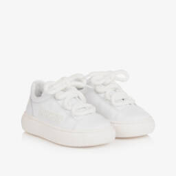 Moschino-Boys White Leather Logo Sneakers | Childrensalon Outlet