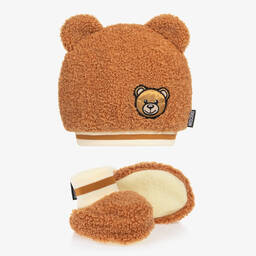 Moschino Baby-Brown Fleece Teddy Bear Baby Hat Set | Childrensalon Outlet