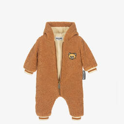 Moschino Baby-Brown Polar Fleece Teddy Bear Pramsuit | Childrensalon Outlet