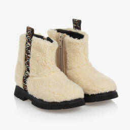 Moschino-Girls Beige Plush Fleece Boots | Childrensalon Outlet