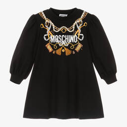 Moschino Кид-Тин-Черное платье из хлопкового джерси с золотистым декором | Childrensalon Outlet