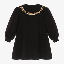 Moschino Кид-Тин-Черное платье из хлопкового джерси с золотистым декором | Childrensalon Outlet