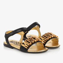 موسكينو Kid-Teen-صندل جلد لون أسود وذهبي للبنات | Childrensalon Outlet