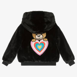 Moschino Kid-Teen-Girls Black Logo Faux Fur Hooded Jacket | Childrensalon Outlet