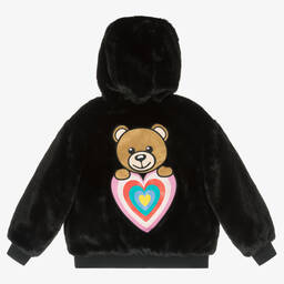 Moschino Kid-Teen-Girls Black Logo Faux Fur Hooded Jacket | Childrensalon Outlet
