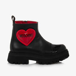 Moschino Kid-Teen-بوت جلد بطبعة قلب لون أسود وأحمر للبنات | Childrensalon Outlet