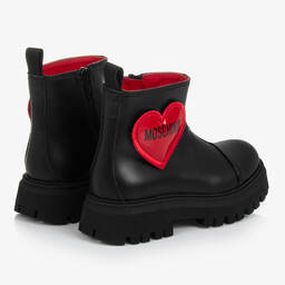 Moschino Kid-Teen-بوت جلد بطبعة قلب لون أسود وأحمر للبنات | Childrensalon Outlet