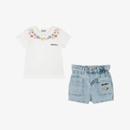 Moschino-Girls Denim & Ivory Floral Ensemble | Childrensalon Outlet