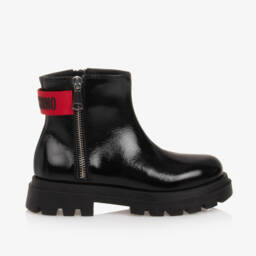 Moschino-Girls Ebony Glossy Ankle Boots | Childrensalon Outlet