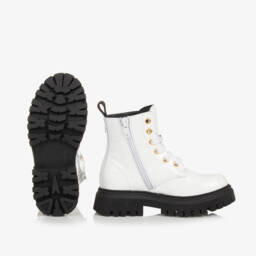 Moschino-Girls Glossy White Leather Boots | Childrensalon Outlet