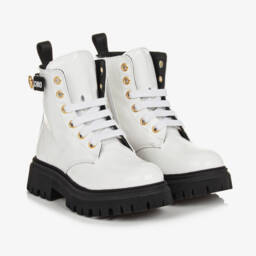 Moschino-Girls Glossy White Leather Boots | Childrensalon Outlet