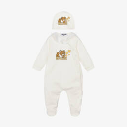 Moschino Baby-Girls Ivory Cotton Sleepsuit & Hat Set | Childrensalon Outlet