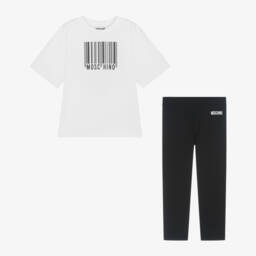 Moschino Kid-Teen-طقم ليقنز قطن لون أسود وأبيض للبنات | Childrensalon Outlet