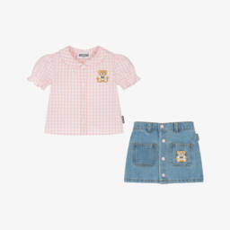 Moschino-Girls' Pink Gingham Blouse & Denim Skirt | Childrensalon Outlet