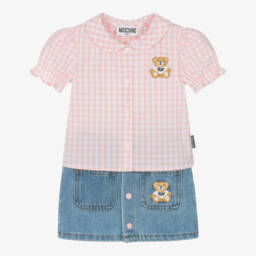 Moschino-Girls' Pink Gingham Blouse & Denim Skirt | Childrensalon Outlet
