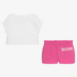 Moschino Kid-Teen-Girls Pink & White Cotton Logo Shorts Set | Childrensalon Outlet