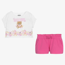Moschino Kid-Teen-Girls Pink & White Cotton Logo Shorts Set | Childrensalon Outlet