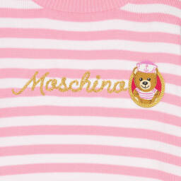 Moschino Kid-Teen-كنزة قطن محبوك مقلم لون زهري وأبيض للبنات | Childrensalon Outlet