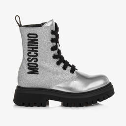 Moschino Кид-Тин-Серебристые кожаные ботинки с блестками | Childrensalon Outlet