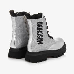 Moschino Кид-Тин-Серебристые кожаные ботинки с блестками | Childrensalon Outlet