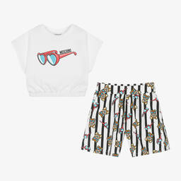 Moschino Кид-Тин-Girls White Bear Stripe Shorts Set | Childrensalon Outlet