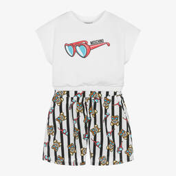 Moschino Кид-Тин-Girls White Bear Stripe Shorts Set | Childrensalon Outlet