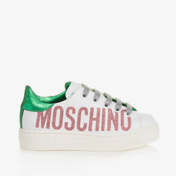 Moschino Кид-Тин-Girls White Leather Glitter Trainers | Childrensalon Outlet