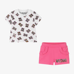 Moschino Baby-Girls White & Pink Cotton Shorts Set | Childrensalon Outlet