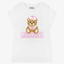 Moschino Kid-Teen-تيشيرت قطن جيرسي لون أبيض مزين بترتر للبنات | Childrensalon Outlet