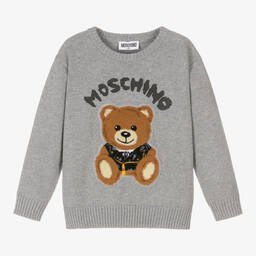 موسكينو Kid-Teen-Grey Cotton Knit Teddy Bear Logo Sweater | Childrensalon Outlet