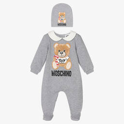 Moschino Baby-Grey Teddy Bear Babygrow Set | Childrensalon Outlet