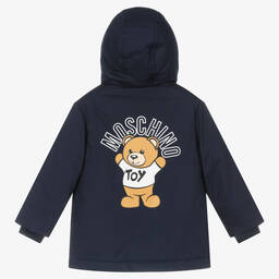 Moschino Kid-Teen-Navy Blue Logo Hooded Coat | Childrensalon Outlet