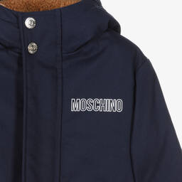 Moschino Kid-Teen-Navy Blue Logo Hooded Coat | Childrensalon Outlet