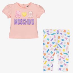 موسكينو Baby-طقم ليغنغز قطن جيرسي لون زهري وأبيض للبنات | Childrensalon Outlet