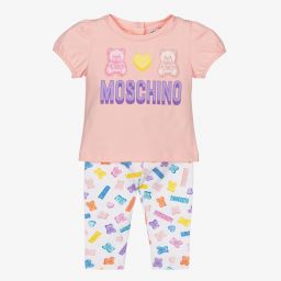 موسكينو Baby-طقم ليغنغز قطن جيرسي لون زهري وأبيض للبنات | Childrensalon Outlet