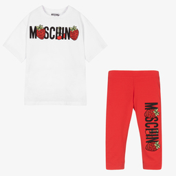 Moschino Kid-Teen-طقم ليغنغز قطن جيرسي لون أحمر وأبيض للبنات | Childrensalon Outlet