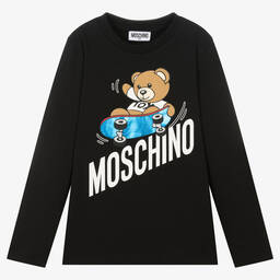 Moschino Кид-Тин-Черный хлопковый топ с медвежонком на скейте | Childrensalon Outlet