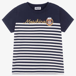 Moschino Kid-Teen-Teen Blue & White Striped Logo T-Shirt | Childrensalon Outlet