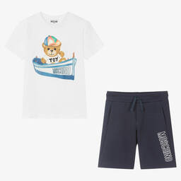 Moschino Kid-Teen-Teen Boys White & Blue Cotton Logo Shorts Set | Childrensalon Outlet