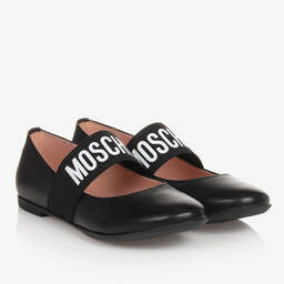 Moschino Kid-Teen-Teen Girls Black Leather Ballerina Pumps | Childrensalon Outlet