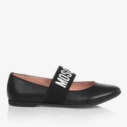 Moschino Kid-Teen-Teen Girls Black Leather Ballerina Pumps | Childrensalon Outlet