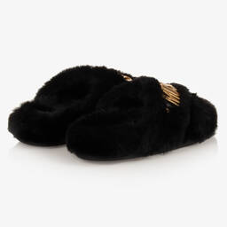 Moschino Kid-Teen-Teen Girls Black Logo Slippers | Childrensalon Outlet