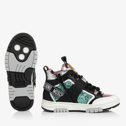 Moschino Kid-Teen-Teen Girls Black & Pink Leather Trainers | Childrensalon Outlet