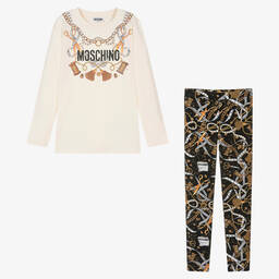 Moschino Кид-Тин-Кремовый топ и черные легинсы из хлопка | Childrensalon Outlet